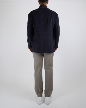 Stefano Ricci Menswear Navy Wool Blend Coat with Silver Zipper Details and Dark Grey Collar Size IT 54 (UK 44)