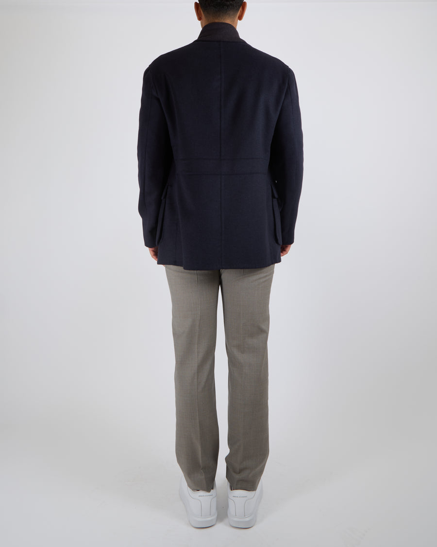 Stefano Ricci Menswear Navy Wool Blend Coat with Silver Zipper Details and Dark Grey Collar Size IT 54 (UK 44)