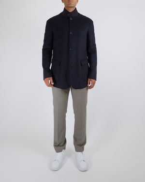 Stefano Ricci Menswear Navy Wool Blend Coat with Silver Zipper Details and Dark Grey Collar Size IT 54 (UK 44)
