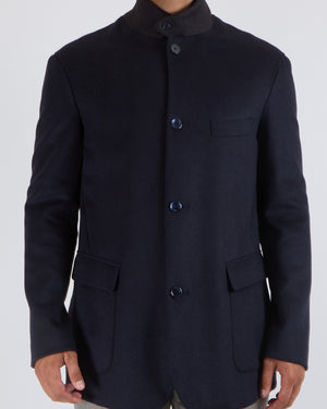 Stefano Ricci Menswear Navy Wool Blend Coat with Silver Zipper Details and Dark Grey Collar Size IT 54 (UK 44)