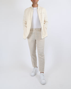 Sease Menswear Tennis Ellen Collarless Blazer Jacket in Warm White with Olive Green Profiles Size XL (UK 44) RRP £1,150
