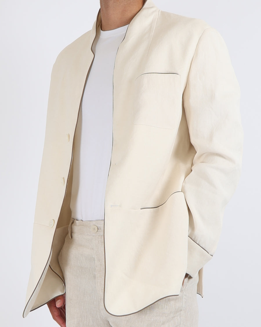Sease Menswear Tennis Ellen Collarless Blazer Jacket in Warm White with Olive Green Profiles Size XL (UK 44) RRP £1,150