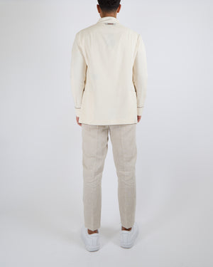 Sease Menswear Tennis Ellen Collarless Blazer Jacket in Warm White with Olive Green Profiles Size XL (UK 44) RRP £1,150