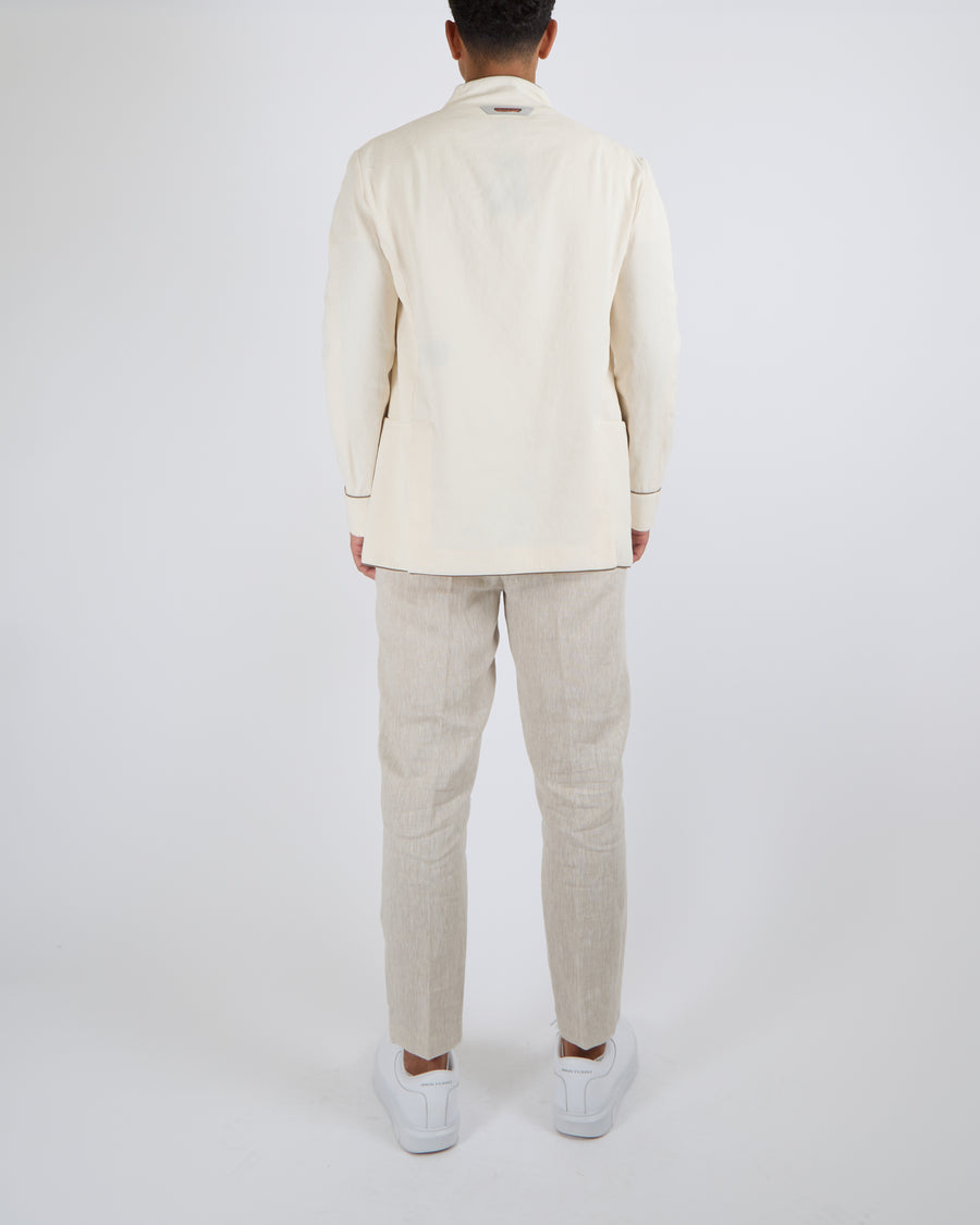 Sease Menswear Tennis Ellen Collarless Blazer Jacket in Warm White with Olive Green Profiles Size XL (UK 44) RRP £1,150