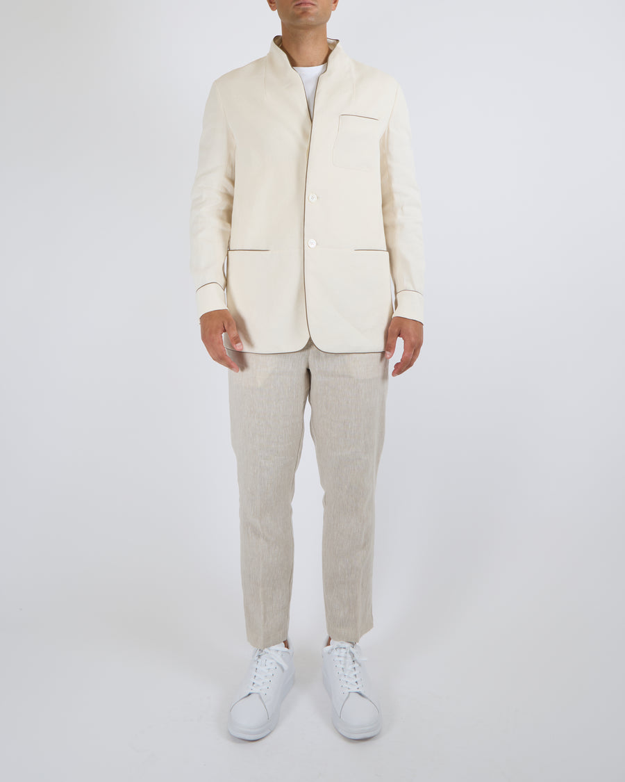 Sease Menswear Tennis Ellen Collarless Blazer Jacket in Warm White with Olive Green Profiles Size XL (UK 44) RRP £1,150