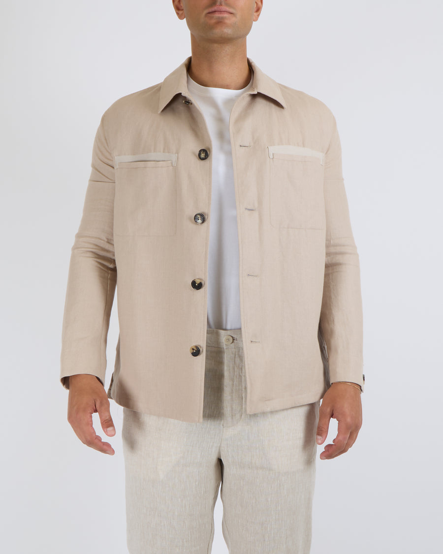 Loro Piana Menswear Beige Linen Overshirt with Pockets and Brown Horn Buttons Size M (UK 38-40)