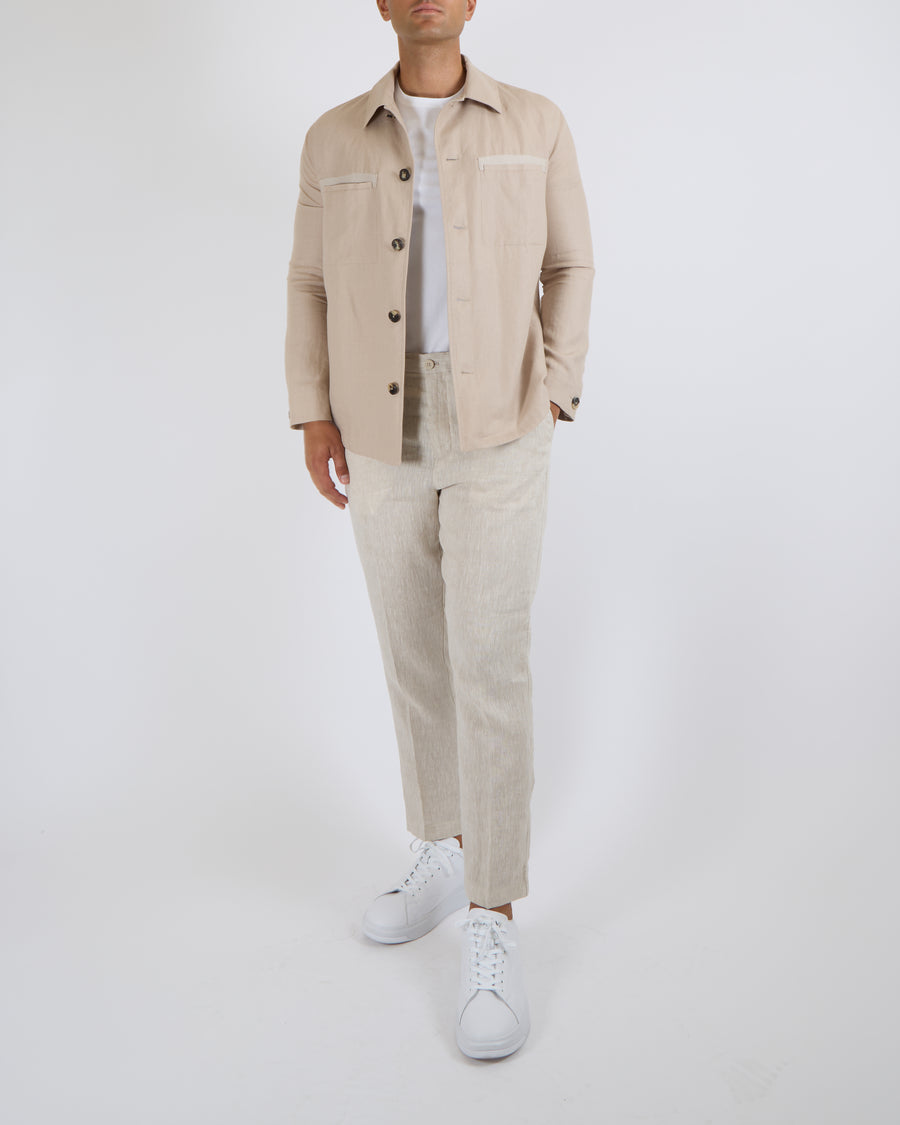 Loro Piana Menswear Beige Linen Overshirt with Pockets and Brown Horn Buttons Size M (UK 38-40)