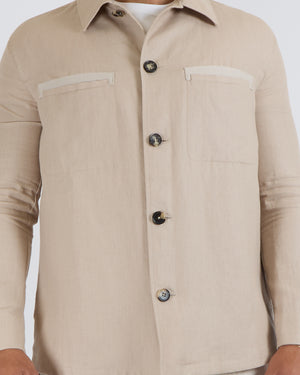 Loro Piana Menswear Beige Linen Overshirt with Pockets and Brown Horn Buttons Size M (UK 38-40)