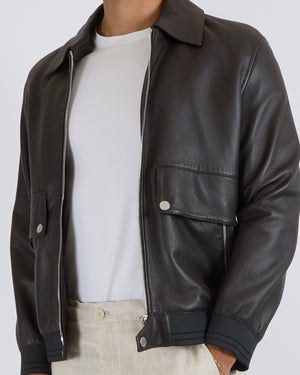 Hermès Menswear Brown Lambskin Leather Jacket with Palladium Zipper and Button Detail Size FR 52 (UK 42)