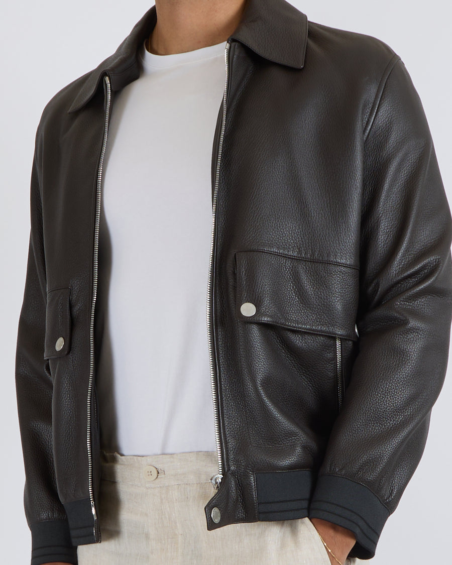Hermès Menswear Brown Lambskin Leather Jacket with Palladium Zipper and Button Detail Size FR 52 (UK 42)