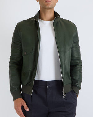Seraphin Menswear Forest Green Lambskin Leather Bomber Jacket with Ribbed Cuffs and Silver Logo Zipper Details Size FR 52 (UK 42)