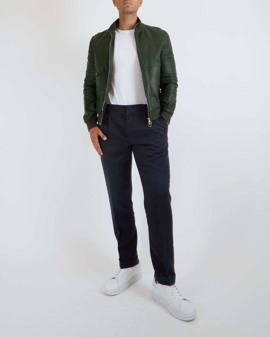 Seraphin Menswear Forest Green Lambskin Leather Bomber Jacket with Ribbed Cuffs and Silver Logo Zipper Details Size FR 52 (UK 42)