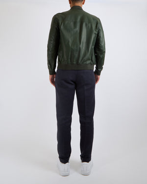 Seraphin Menswear Forest Green Lambskin Leather Bomber Jacket with Ribbed Cuffs and Silver Logo Zipper Details Size FR 52 (UK 42)