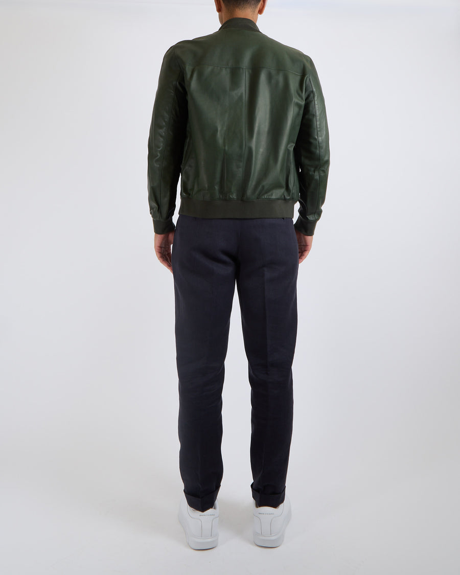 Seraphin Menswear Forest Green Lambskin Leather Bomber Jacket with Ribbed Cuffs and Silver Logo Zipper Details Size FR 52 (UK 42)