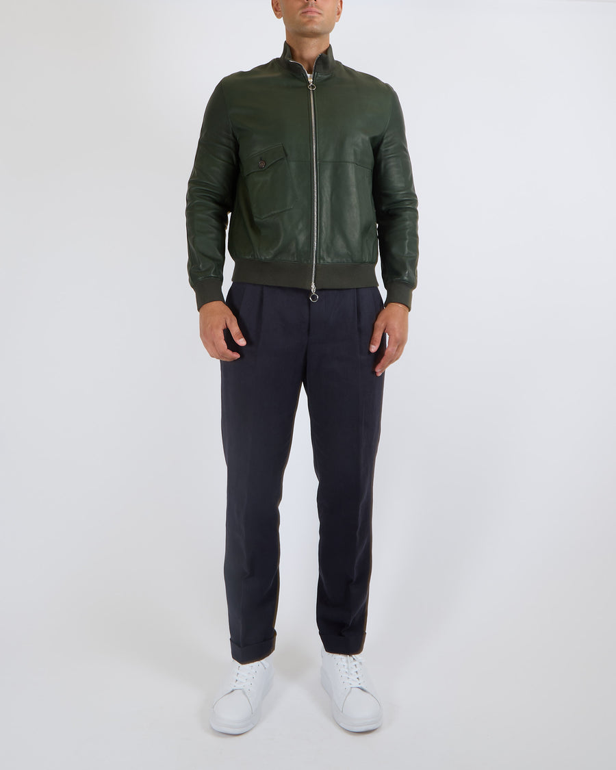 Seraphin Menswear Forest Green Lambskin Leather Bomber Jacket with Ribbed Cuffs and Silver Logo Zipper Details Size FR 52 (UK 42)