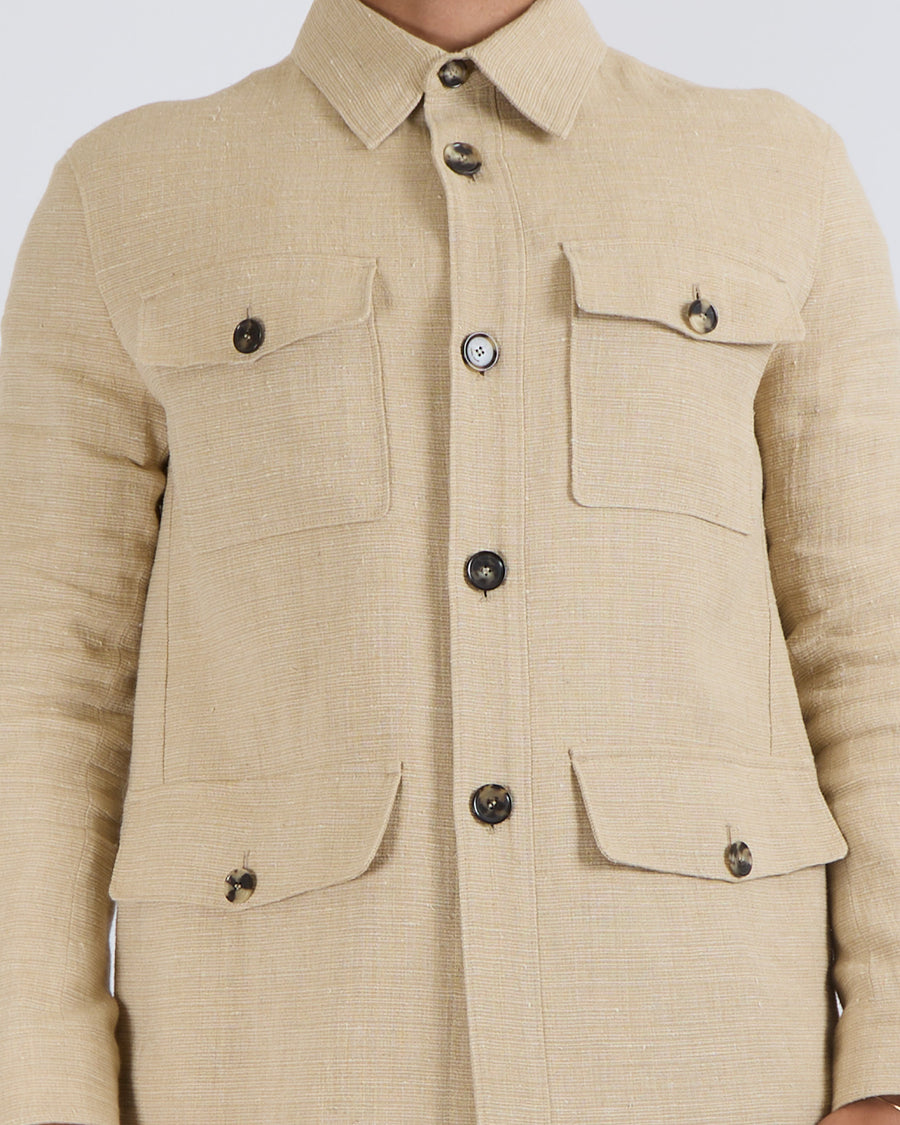 Loro Piana Menswear Clem Summer Jacket in A0ke Peanut Granules Linen and Silk Blend with Tortoiseshell Buttons Size IT 50 (UK 40)