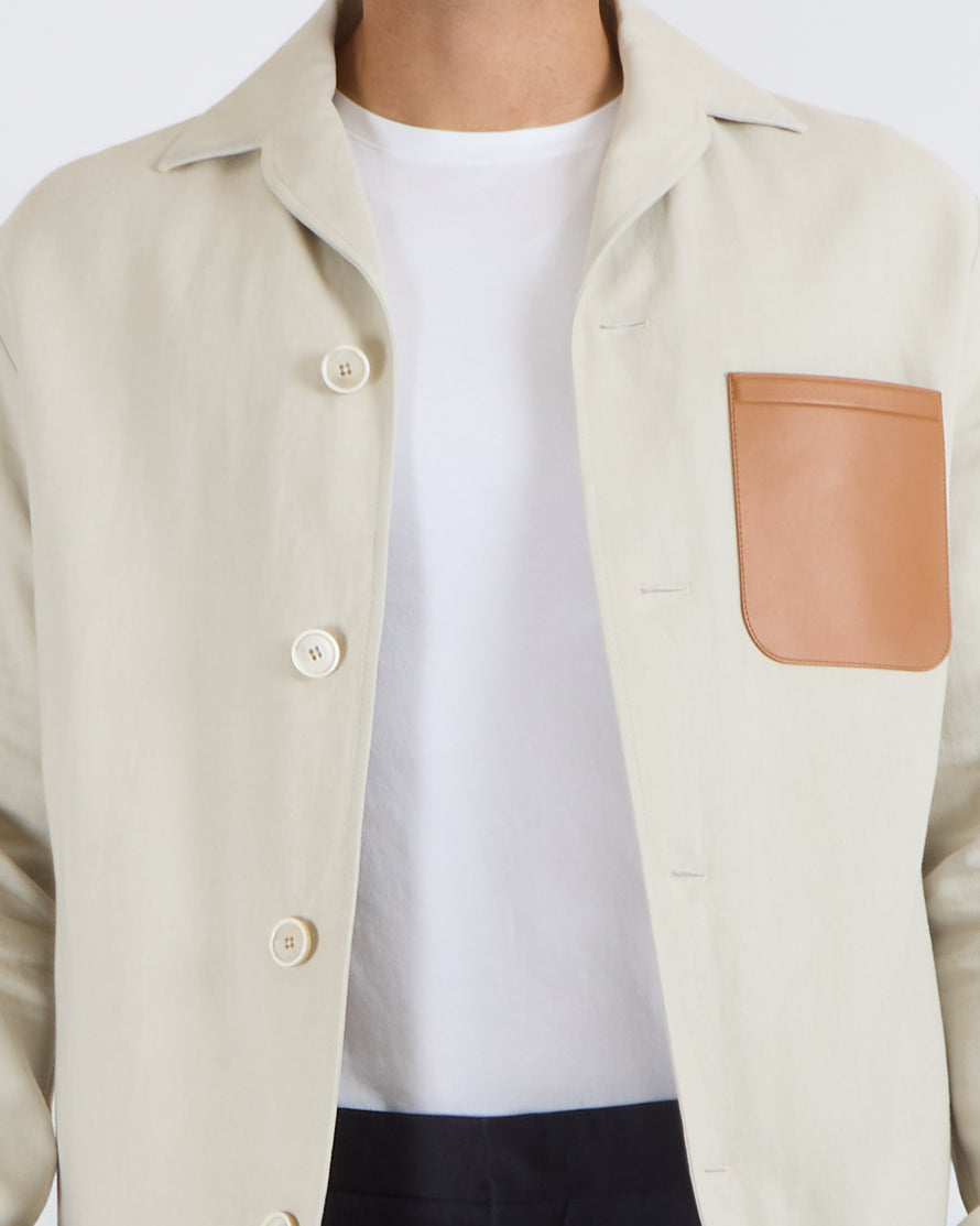 Loro Piana Menswear Beige Linen Jacket with Brown Lambskin Pocket Detail Size M (UK 40)