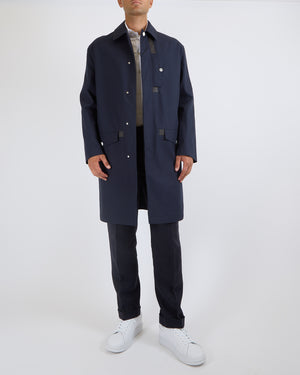 Hermès Menswear Navy Raincoat with Brown Leather Piping and Sellier Silver Buttons, Size 50 FR 50 (UK 40)