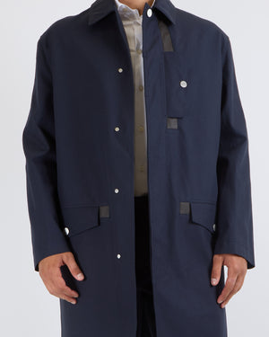 Hermès Menswear Navy Raincoat with Brown Leather Piping and Sellier Silver Buttons, Size 50 FR 50 (UK 40)