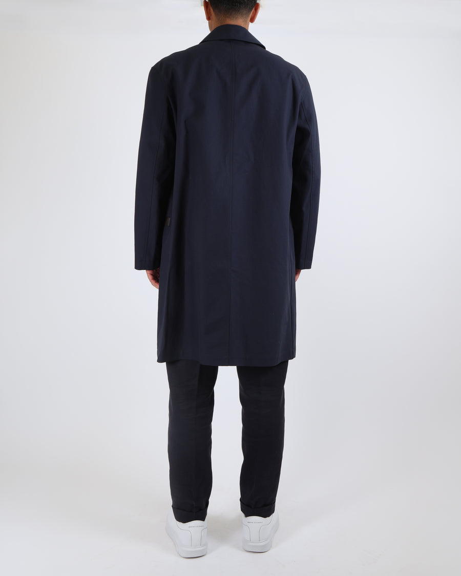 Hermès Menswear Navy Raincoat with Brown Leather Piping and Sellier Silver Buttons, Size 50 FR 50 (UK 40)