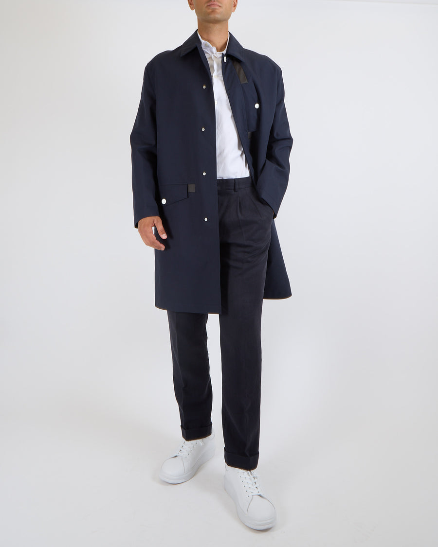 Hermès Menswear Navy Raincoat with Brown Leather Piping and Sellier Silver Buttons, Size 50 FR 50 (UK 40)