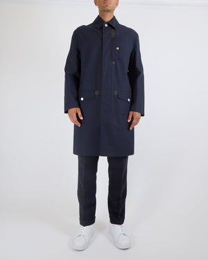 Hermès Menswear Navy Raincoat with Brown Leather Piping and Sellier Silver Buttons, Size 50 FR 50 (UK 40)