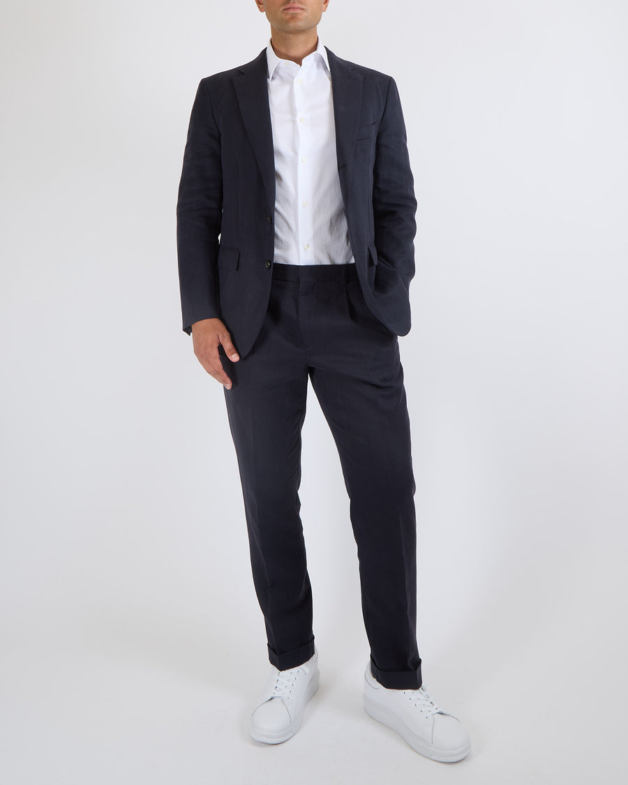 Loro Piana Menswear Navy Blue Linen Jacket and Trousers Suit Size IT 50 (UK 40)