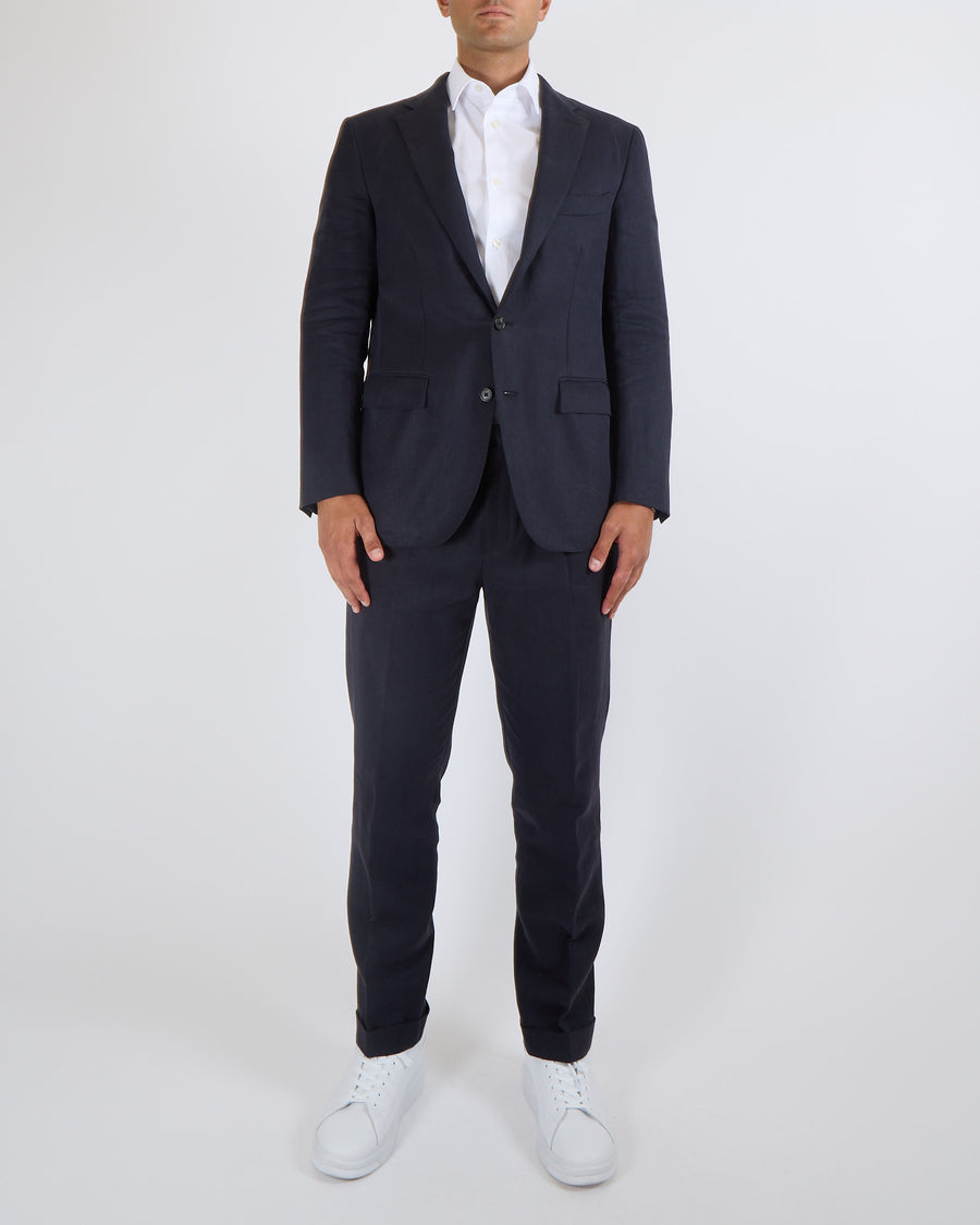 Loro Piana Menswear Navy Blue Linen Jacket and Trousers Suit Size IT 50 (UK 40)