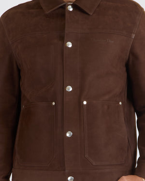 Christian Dior Menswear Brown Leather Jacket with Front Pockets and Silver Buttons with Embossed Logo Detail Size L (UK 42)
