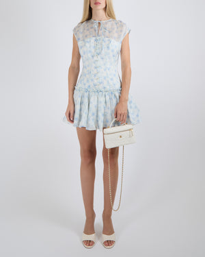 YVON Light Blue and White Floral Linen Blend Gladiolus Mini Dress with Butterfly Buttons Detail Size S (UK 8)