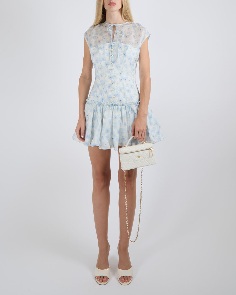 YVON Light Blue and White Floral Linen Blend Gladiolus Mini Dress with Butterfly Buttons Detail Size S (UK 8)