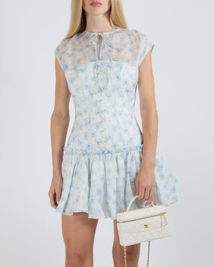 YVON Light Blue and White Floral Linen Blend Gladiolus Mini Dress with Butterfly Buttons Detail Size S (UK 8)