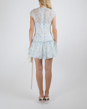 YVON Light Blue and White Floral Linen Blend Gladiolus Mini Dress with Butterfly Buttons Detail Size S (UK 8)