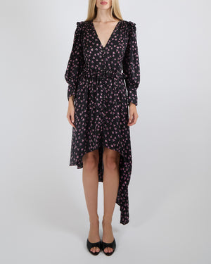 Magda Butrym Black Silk Long Sleeve Dress with Pink Floral Prints and Asymmetrical Hemline, Ruffle and Button Details Size FR 36 (UK 8)