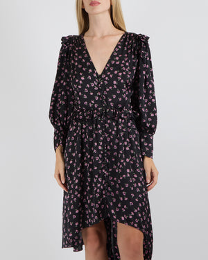 Magda Butrym Black Silk Long Sleeve Dress with Pink Floral Prints and Asymmetrical Hemline, Ruffle and Button Details Size FR 36 (UK 8)
