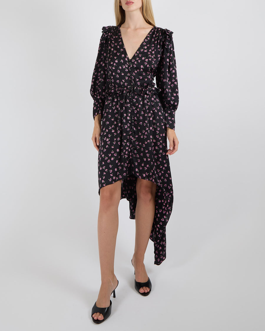 Magda Butrym Black Silk Long Sleeve Dress with Pink Floral Prints and Asymmetrical Hemline, Ruffle and Button Details Size FR 36 (UK 8)