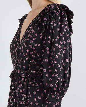 Magda Butrym Black Silk Long Sleeve Dress with Pink Floral Prints and Asymmetrical Hemline, Ruffle and Button Details Size FR 36 (UK 8)