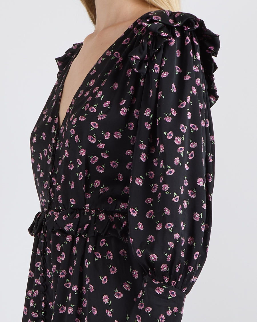 Magda Butrym Black Silk Long Sleeve Dress with Pink Floral Prints and Asymmetrical Hemline, Ruffle and Button Details Size FR 36 (UK 8)