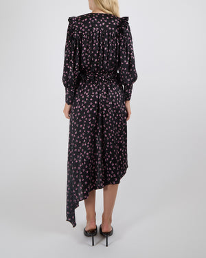Magda Butrym Black Silk Long Sleeve Dress with Pink Floral Prints and Asymmetrical Hemline, Ruffle and Button Details Size FR 36 (UK 8)