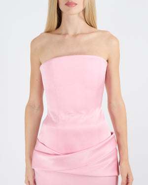 Alex Perry Pink Strapless Corset Midi Dress with Drape Waist Detail Size UK 8