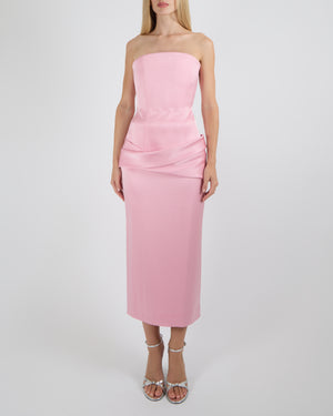 Alex Perry Pink Strapless Corset Midi Dress with Drape Waist Detail Size UK 8