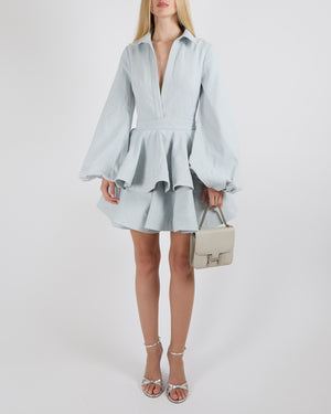 YVON Light Blue Denim Anemone Mini Dress with Peplum Waist and Puff Sleeves Size S (UK 8)