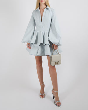 YVON Light Blue Denim Anemone Mini Dress with Peplum Waist and Puff Sleeves Size S (UK 8)