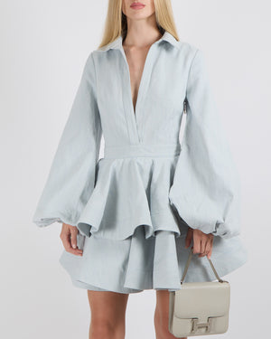 YVON Light Blue Denim Anemone Mini Dress with Peplum Waist and Puff Sleeves Size S (UK 8)