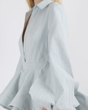 YVON Light Blue Denim Anemone Mini Dress with Peplum Waist and Puff Sleeves Size S (UK 8)