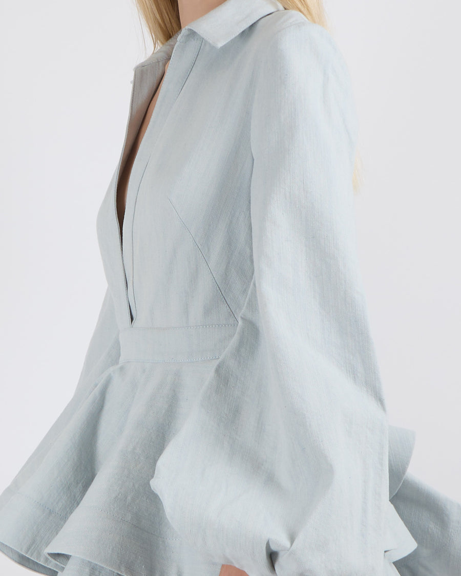 YVON Light Blue Denim Anemone Mini Dress with Peplum Waist and Puff Sleeves Size S (UK 8)