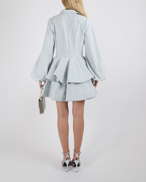 YVON Light Blue Denim Anemone Mini Dress with Peplum Waist and Puff Sleeves Size S (UK 8)