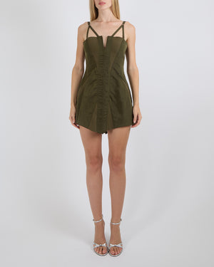 Dion Lee Khaki Mini Dress with V Shape Bustier Detail, Ribbed Details and Silver Zipper Size AUS 8 (UK 8)