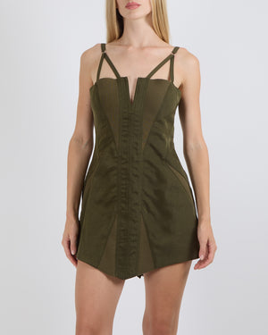 Dion Lee Khaki Mini Dress with V Shape Bustier Detail, Ribbed Details and Silver Zipper Size AUS 8 (UK 8)