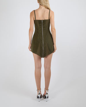 Dion Lee Khaki Mini Dress with V Shape Bustier Detail, Ribbed Details and Silver Zipper Size AUS 8 (UK 8)
